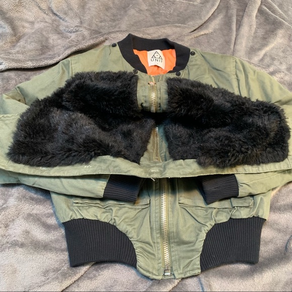 UNIF x Urban Outfitters Green / Black Bomber Jacket (Removable Faux Fur Hood) - Picture 3 of 6
